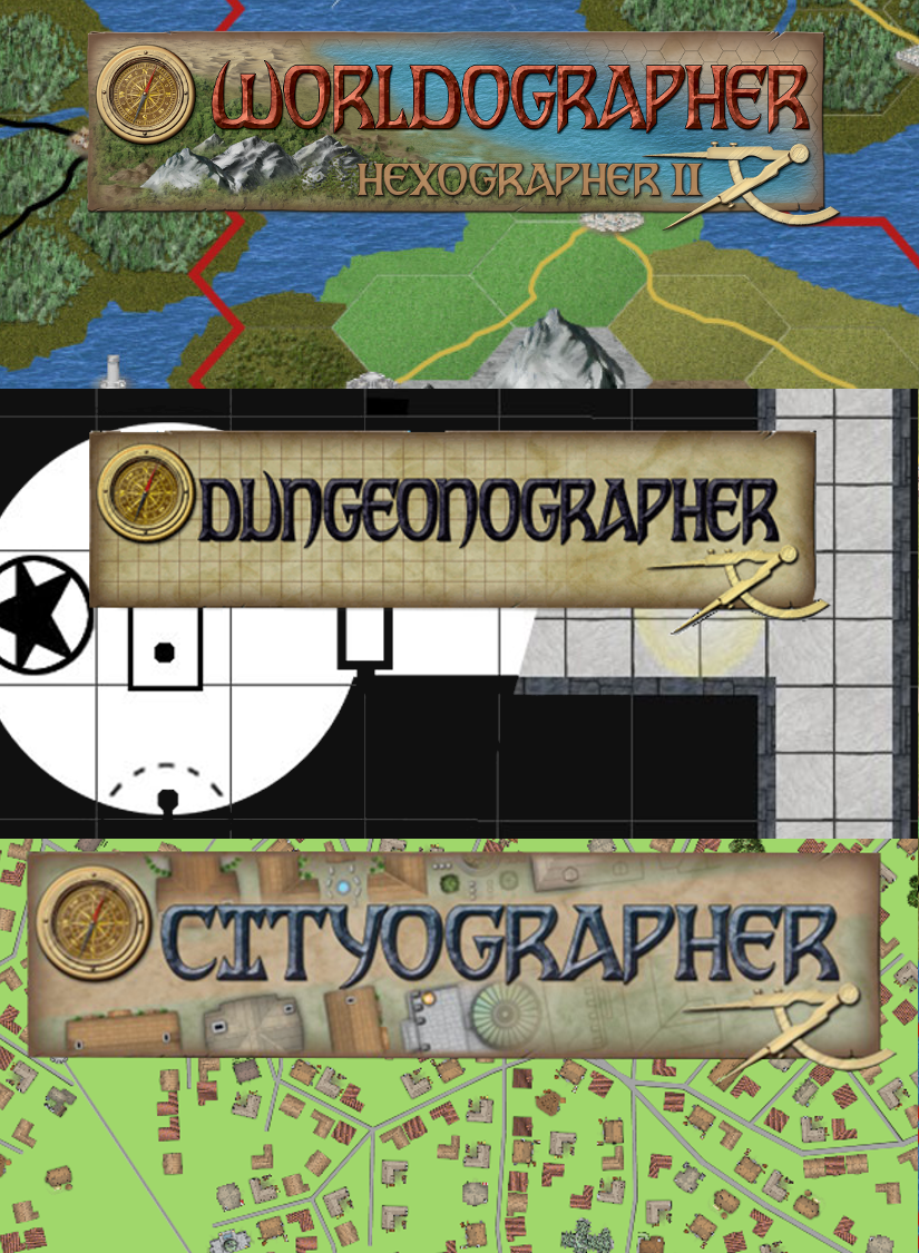 Worldographer 2025 (for world / kingdom, city/village, dungeon / battlemat, or cosmic / sector maps) plus all Legacy map programs (Hexographer, etc.)