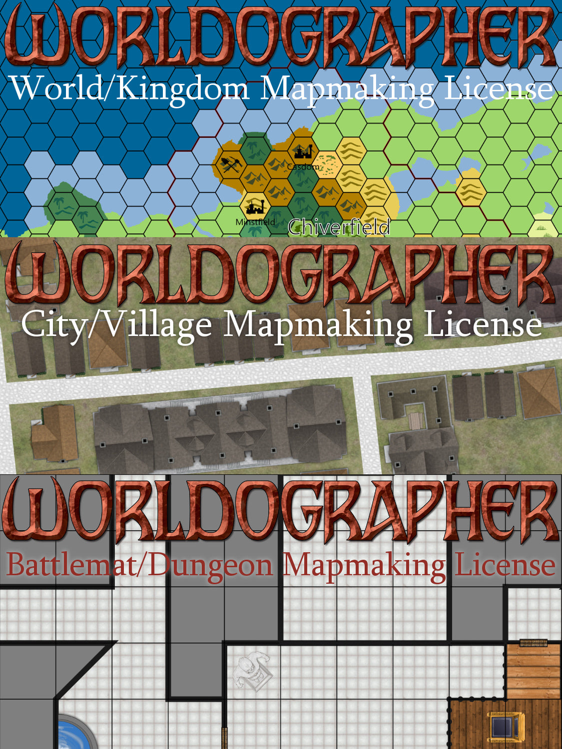 Bundle: Worldographer (Hex 2), City/Village & Dungeon/Battlemat Licenses for Worldographer, & Hexographer 1, Cityographer, Dungeonographer Pro